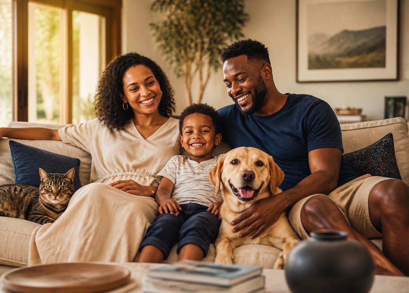 A South African family with their dog and cat on a cream sofa