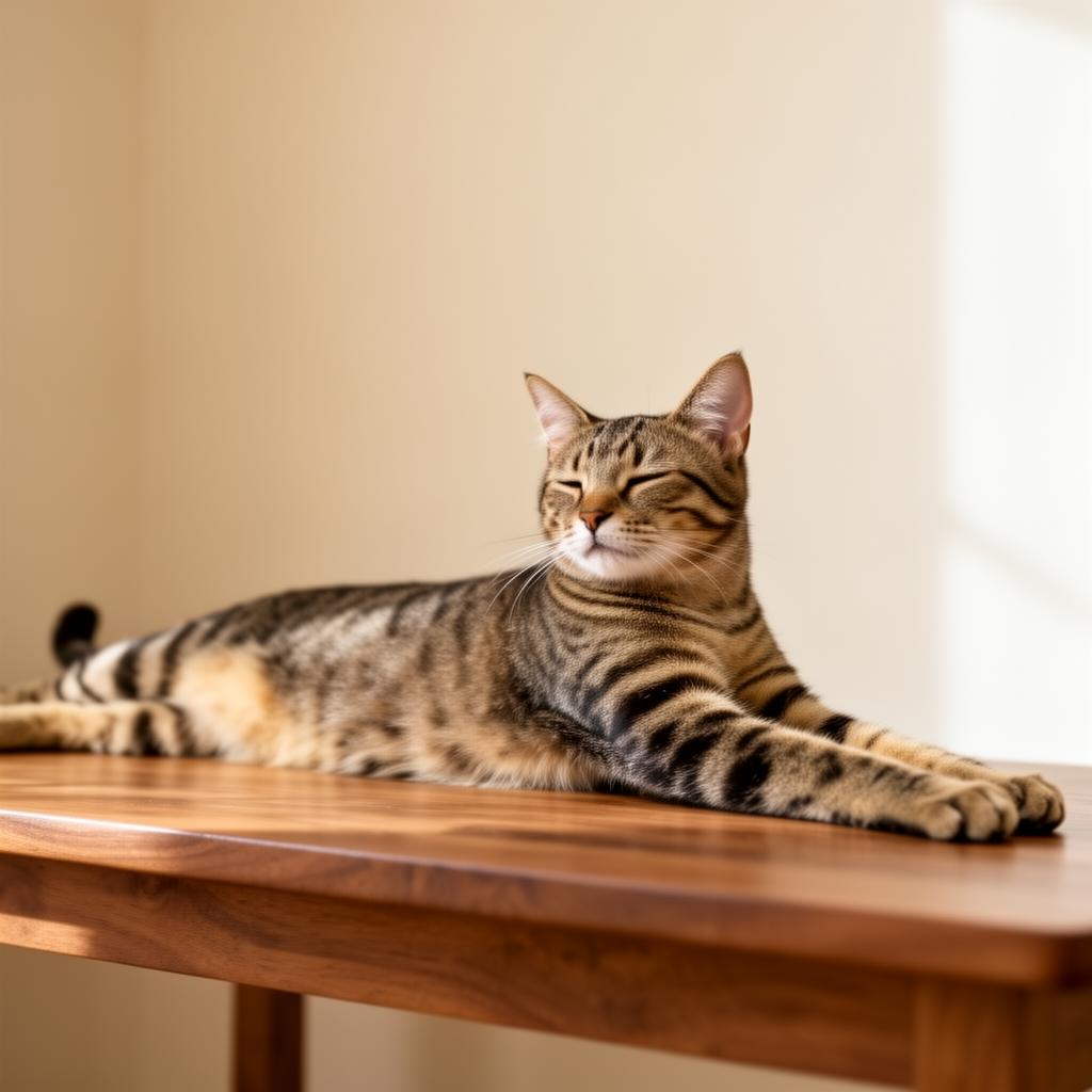 Tabby cat stretching gracefully in soft window light