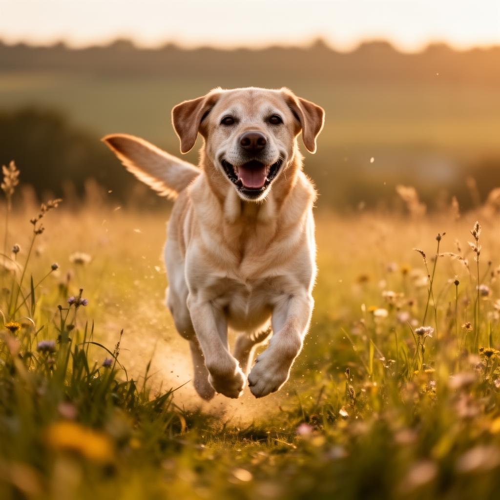 Senior labrador running joyfully through a meadow